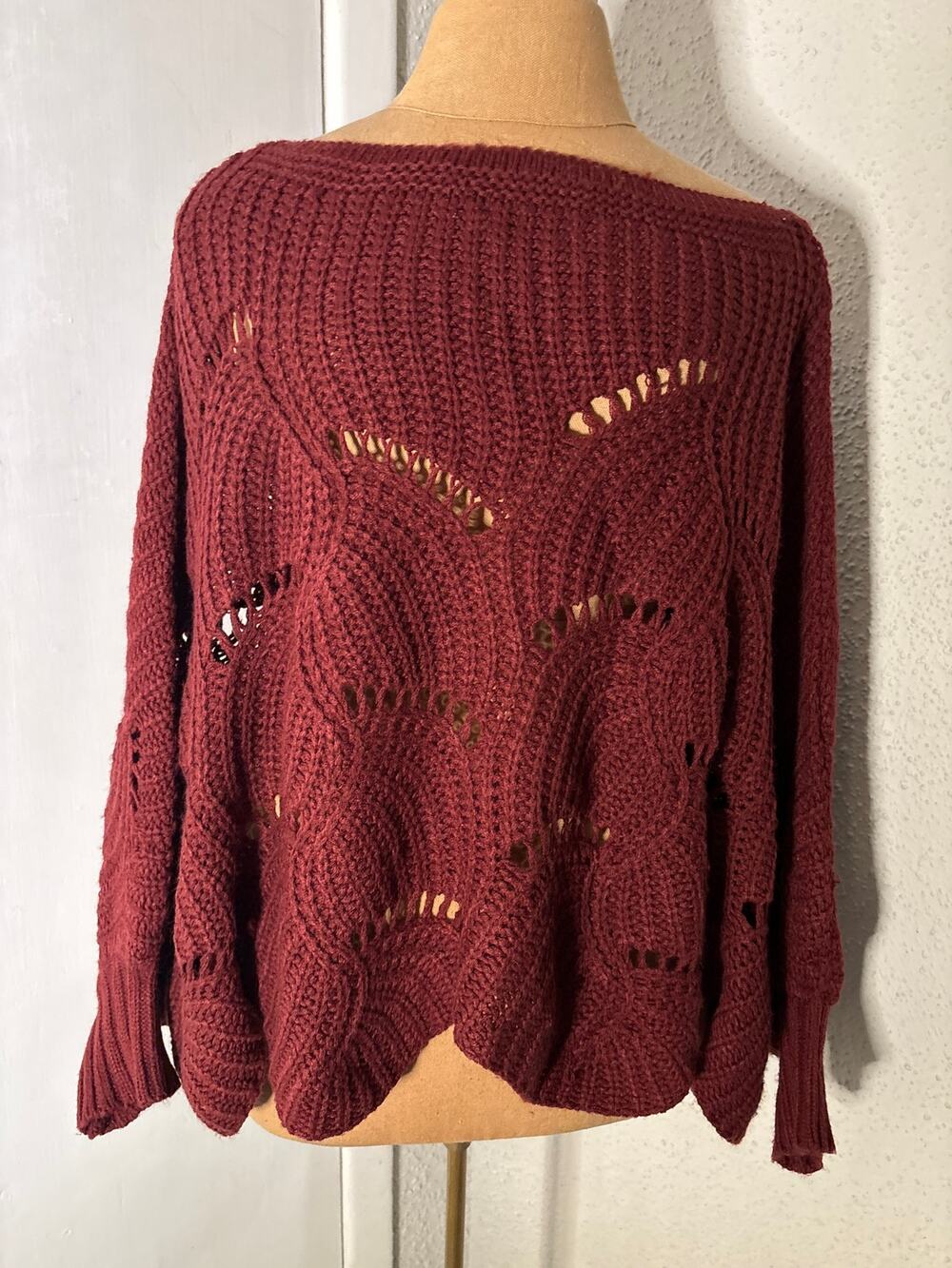 SHEIN Burgundy Chunky Sweater Poncho Sleeves S Grandmacore Cozy Comfy Winter